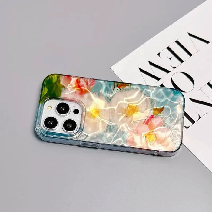 Front view of Flower In Water Case. Dreamy blurred-effect botanical graphic on a clear silicone base.