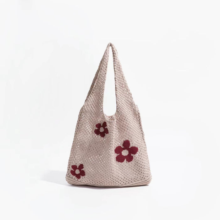 Front view of Flowers Crochet Shoulder Bag in khaki, ideal for errands and gifting.