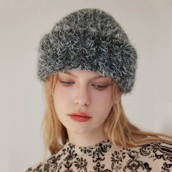 Model wearing black Fluffy Knitted Thick Beanie. Sleek minimalist style with heavy-duty thermal protection.