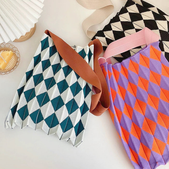 A collection of Foldable Argyle Knitted Tote Bag in Orange-Purple,Black-Beige,Viridian-White.