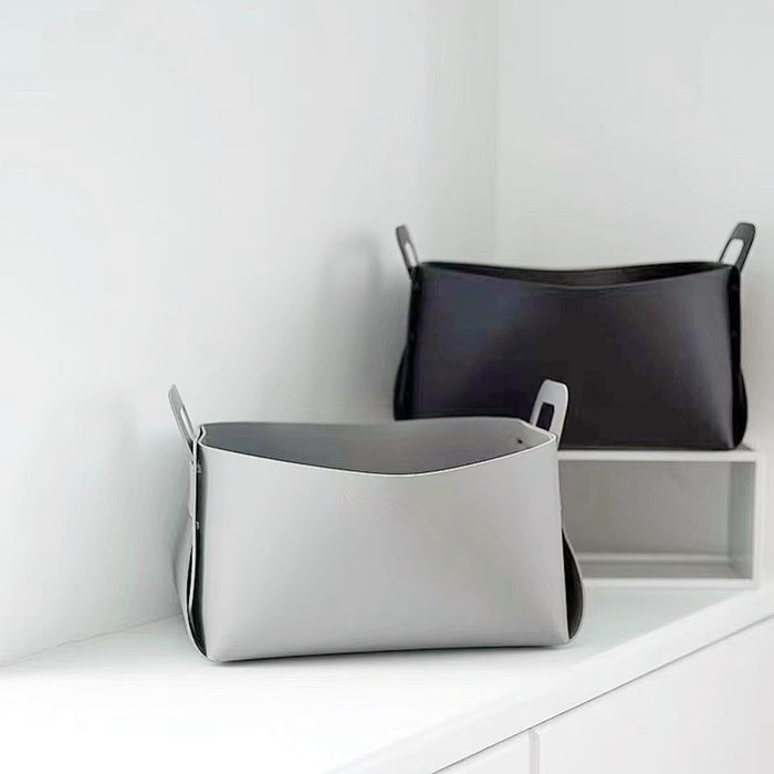 Light grey and black PU leather storage baskets shown together; versatile colors for modern home office decor.