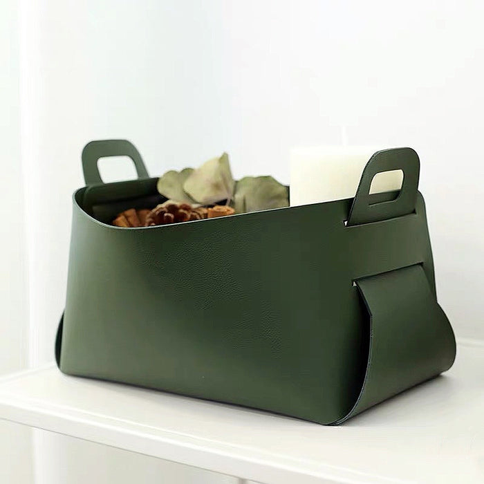 Dark green PU leather storage basket; durable and stylish organizer for desk accessories or household keys.