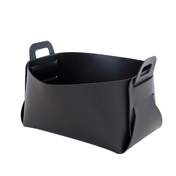 Classic black PU leather storage basket; minimalist and sleek design suited for professional workspace organization.