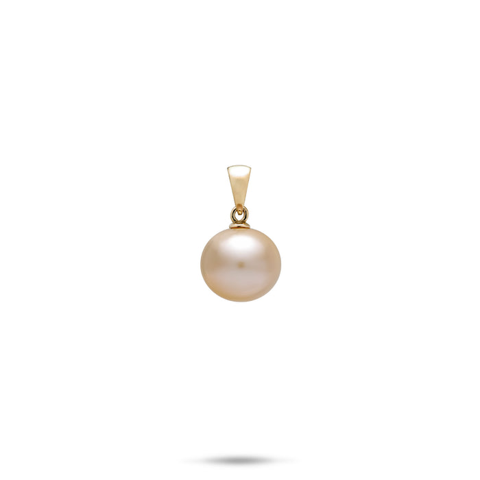 A single round 9-10mm pink/peach freshwater pearl pendant set on a simple 14k yellow gold bail, shown against a solid white background with a soft shadow below.