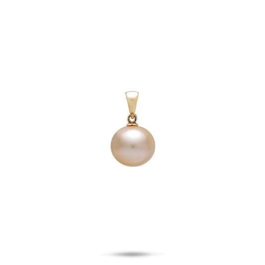 A single round 9-10mm pink/peach freshwater pearl pendant set on a simple 14k yellow gold bail, shown against a solid white background with a soft shadow below.
