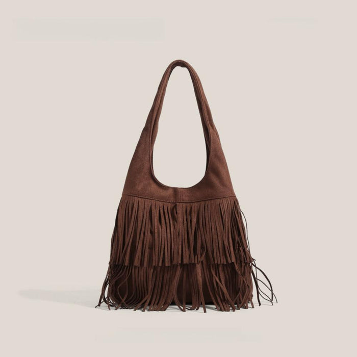 Dark brown vegan suede fringe hobo bag showcasing its long tassel design.