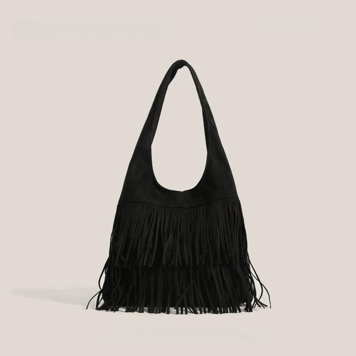 Classic black fringe suede hobo bag with a soft-touch finish and artisanal look.