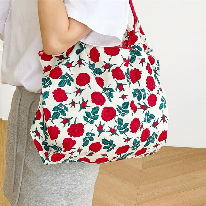 Model carrying a rose Tote Bag, easy for commuting and weekends.