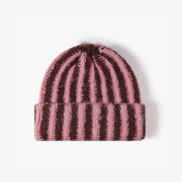 Brown and coral contrast striped fuzzy beanie with a soft knit texture.