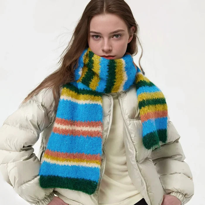 Model wearing a wool fuzzy scarf Fuzzy Nature Inspired Scarf, ideal for daily wear and travel.