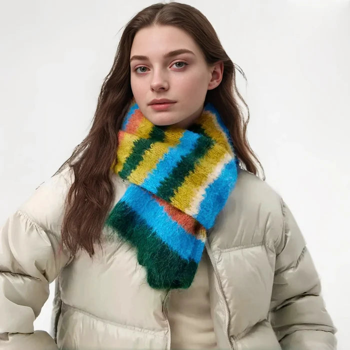 Model wearing a wool fuzzy scarf Fuzzy Nature Inspired Scarf, great for office layering and commuting.