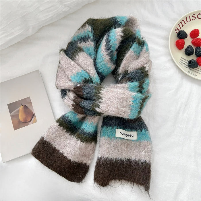 Angled view of Fuzzy Nature Inspired Scarf, great for office layering and commuting.