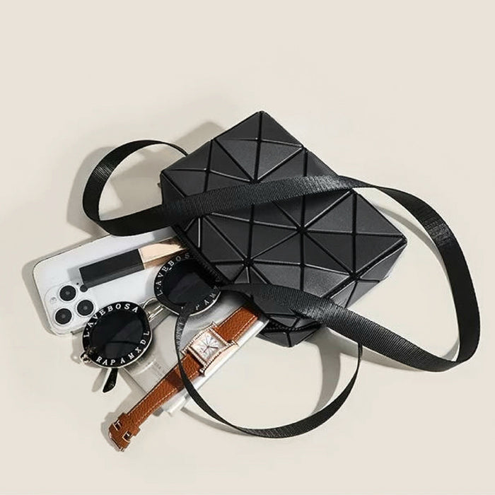Flat lay of GeoChic Crossbody Bag, showcasing the interior.