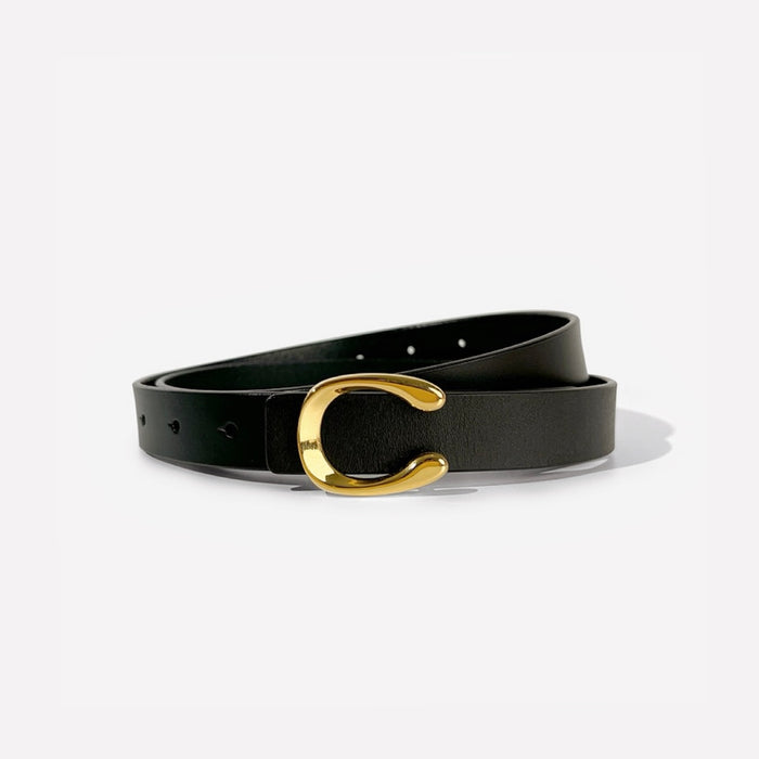 Front view of Black PU leather belt with a shiny gold C-shaped buckle.
