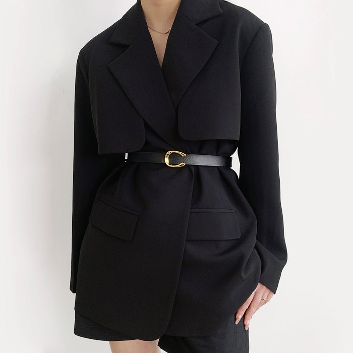 Model wearing the black Gold C Buckle Belt, stylish design for dress collocation