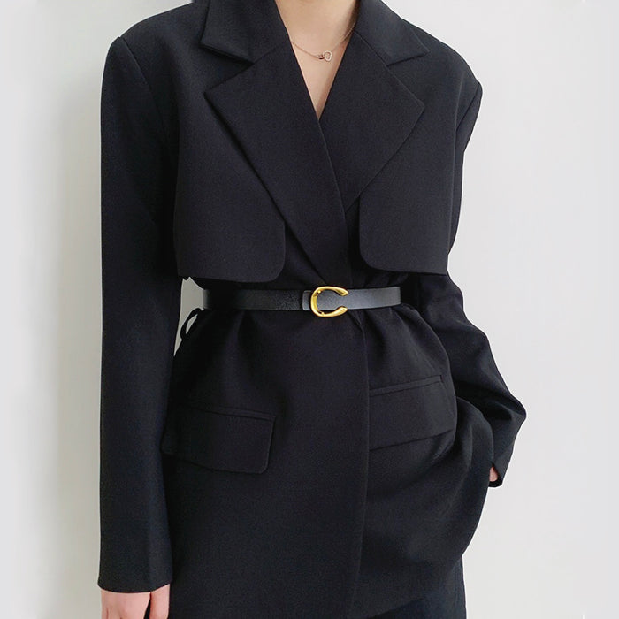 Side profile of model styling black Gold C Buckle Belt.