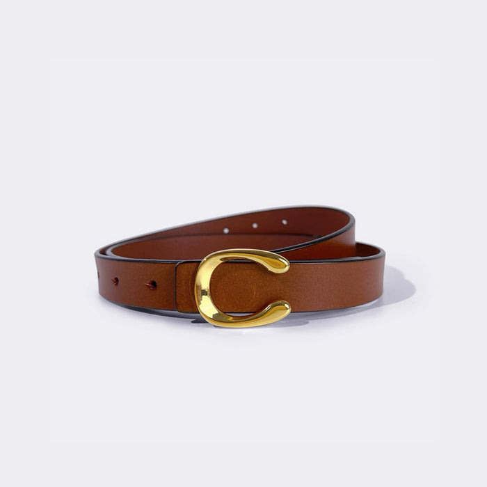 Flat lay of brown Gold C Buckle Belt showing the gold buckle detail.