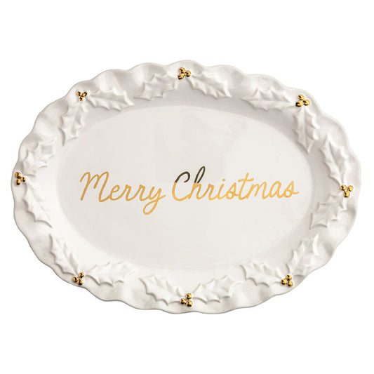 Gold Holly Merry Christmas Platter