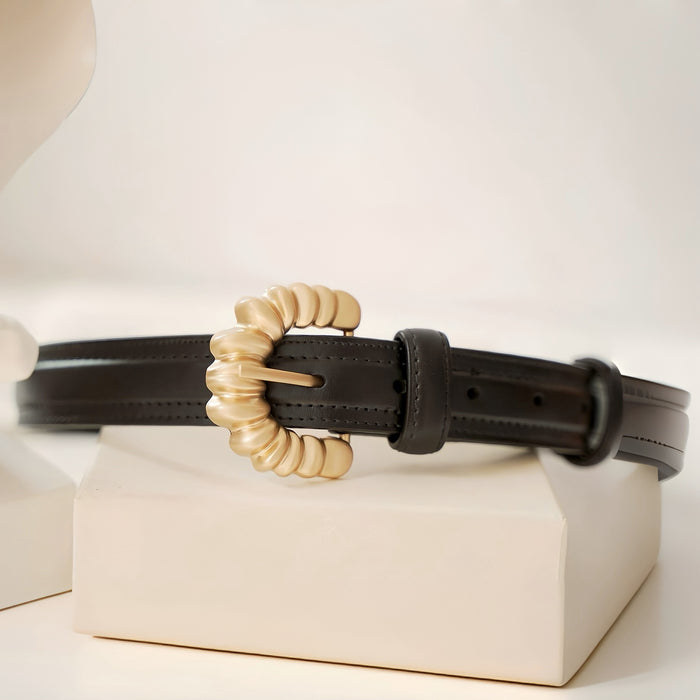 Black PU leather belt with a unique gold metal shell buckle.