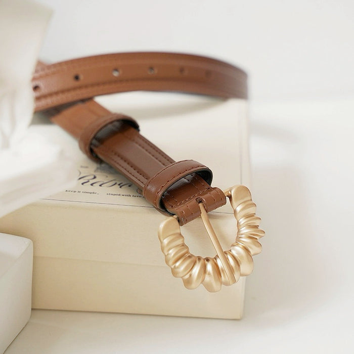 Front view of brown Gold Metal Shell Buckle  Belt, casual fashion for jeans matching