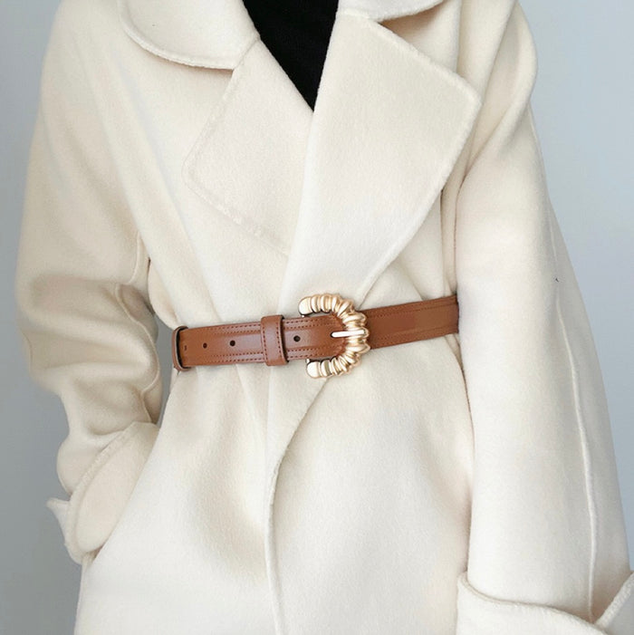 Model wearing  the brown belt with Gold Metal Shell Buckle, stylish design for daily wear