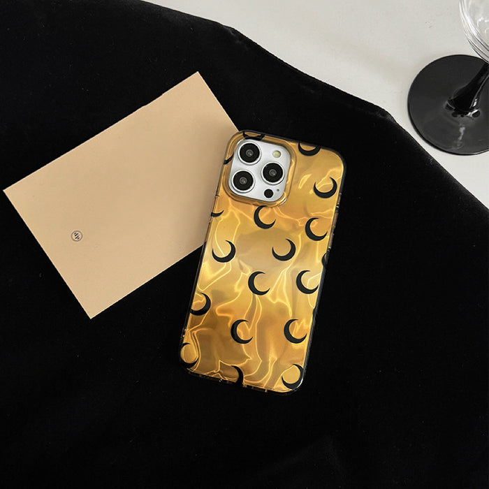 Front view of Golden Crescent Case. High-quality gold shimmer finish for a luxury mystical fashion look.