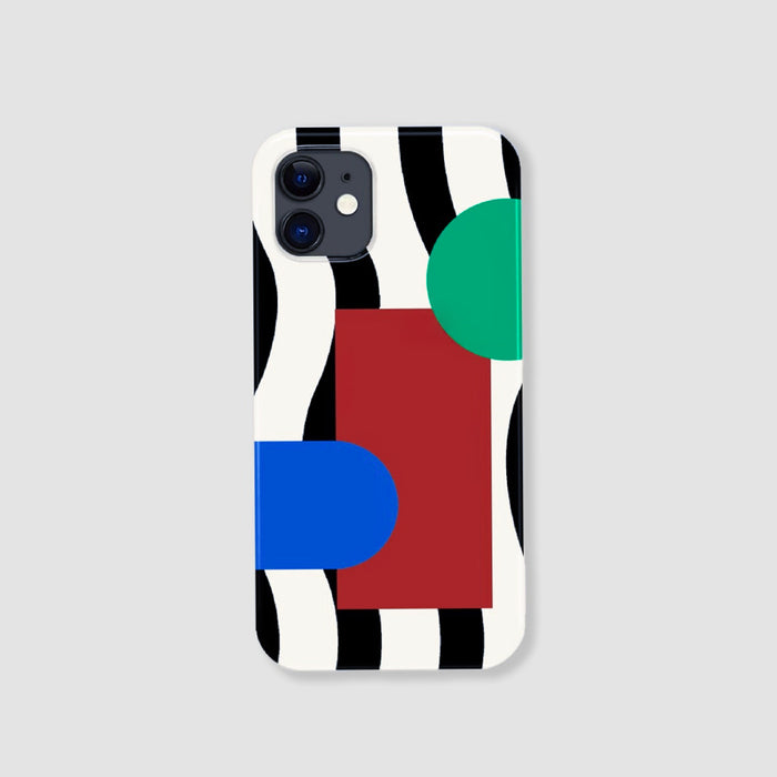 Black and white wavy stripes case with red, blue, and green geometric shapes. Bauhaus style.