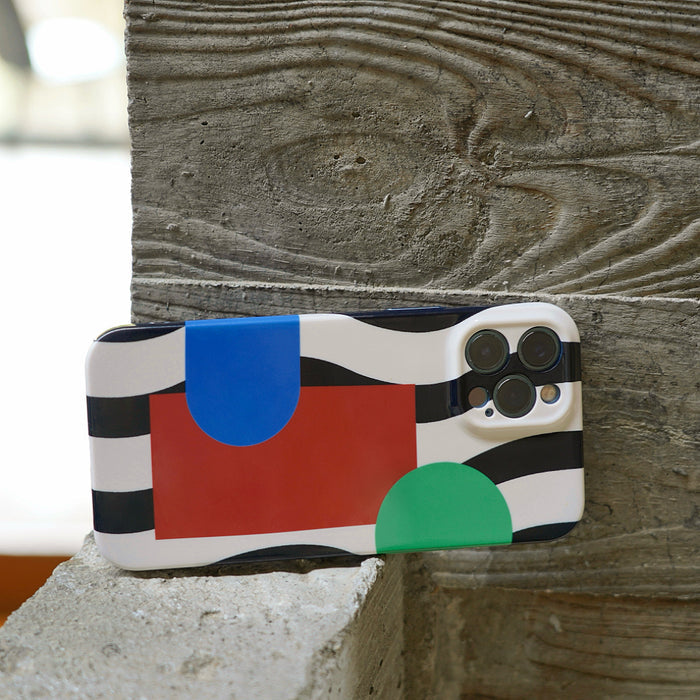 Silicone iPhone case with abstract geometric semicircles and stripes. Modern artistic design.