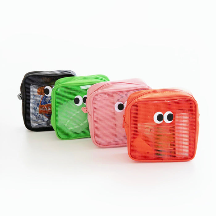 Googly Eyes hollow cube bags in orange, green, pink and black; compact mesh zip pouches for travel essentials.