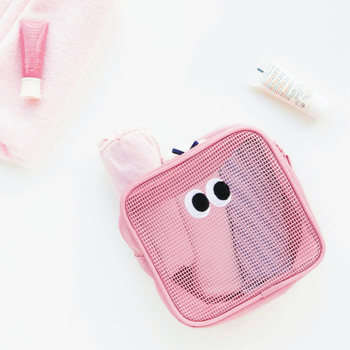 Pink Googly Eyes cube mesh pouch with items visible inside; see-through zip bag for gym or weekend trips.