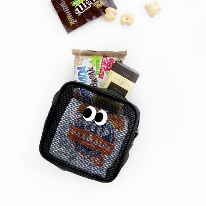 Black Googly Eyes cube mesh pouch packed with snacks; compact zip bag for travel or commuting.
