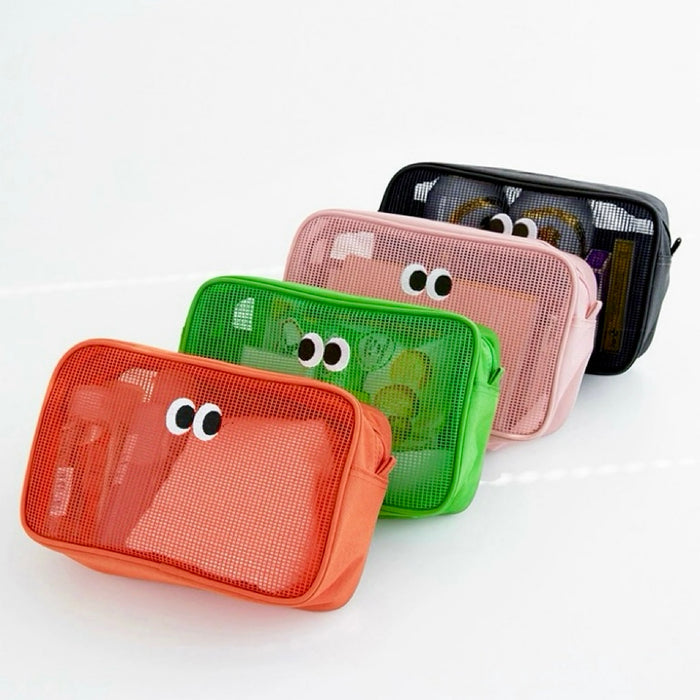 Googly Eyes hollow bags in orange, green, pink and black; mesh-front zip organizers for toiletries and travel.