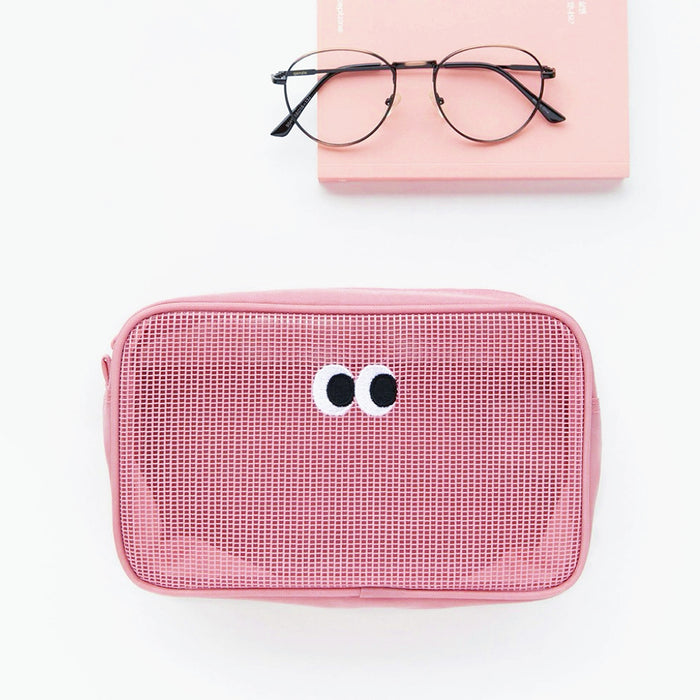 Pink Googly Eyes mesh zip bag on white background; rectangular see-through organizer for cosmetics and cables.