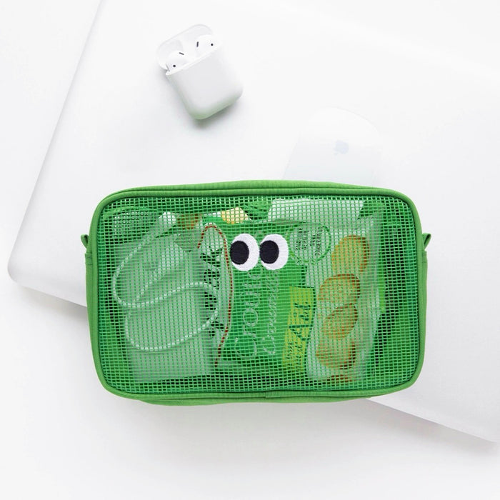 Green Googly Eyes mesh zip bag with toiletries inside; see-through travel pouch for tidy packing.