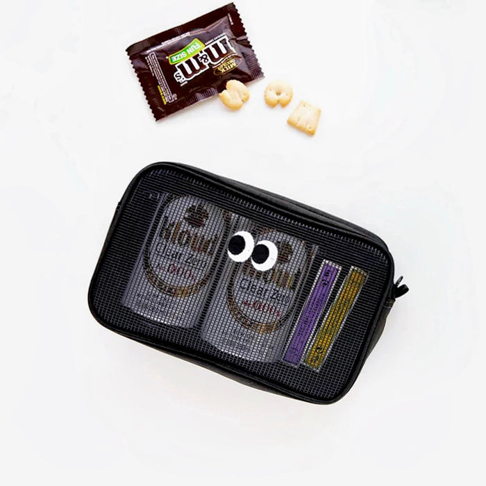 Black Googly Eyes mesh zip bag holding tins and bars; zip organizer for snacks, toiletries, or accessories.