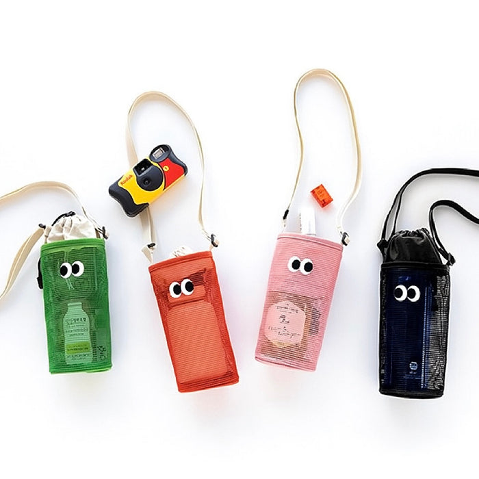 Angled view of Four polyester Googly Eyes Hollow Water Bottle Bags in green, orange, pink, and black.