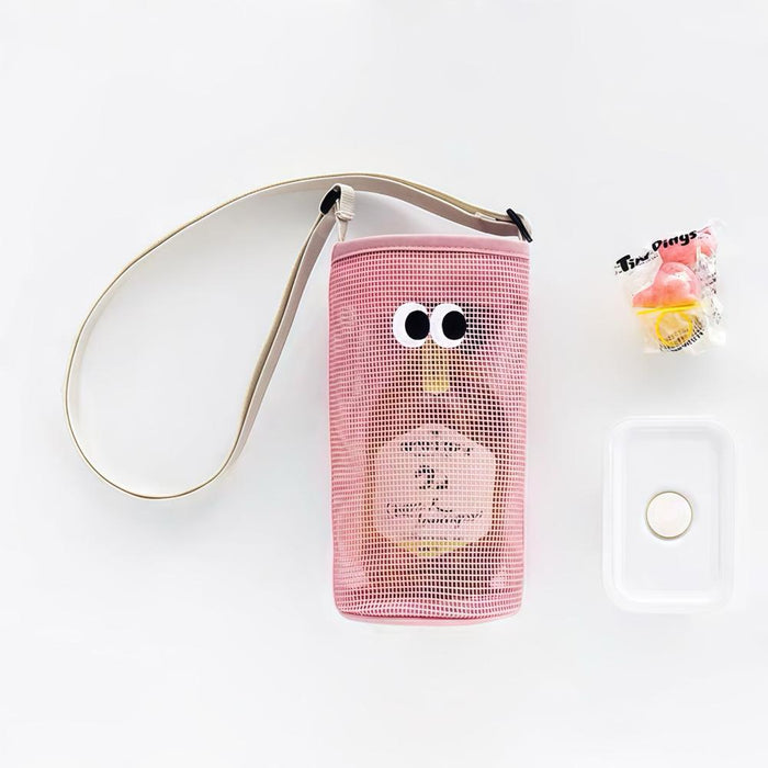 Flat lay of Googly Eyes Hollow Water Bottle Bag in pink, great for everyday carry and travel.