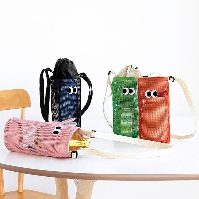Front view of Four polyester Googly Eyes Hollow Water Bottle Bags in black, green, orange, and pink