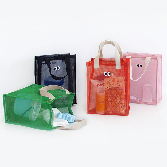 Front view of Four colorful polyester mesh shopper bags with googly eyes: green, black, orange, and pink.