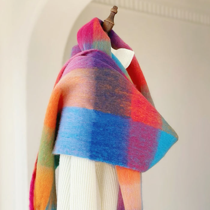 Side view of the oversized gradient plaid scarf with multicolors.