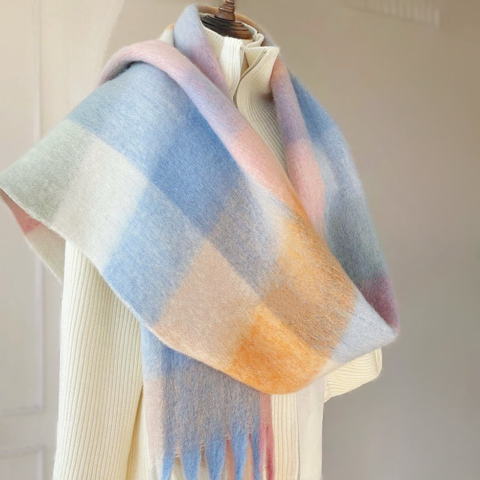 Model wearing the gradient plaid scarf as a full wrap-around shawl, easy for weekend.