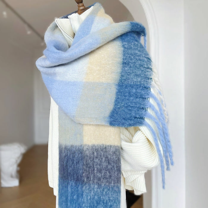 Model wearing the blue and creamy yellow gradient scarf wool shawl, easy for weekend styling and gifting.