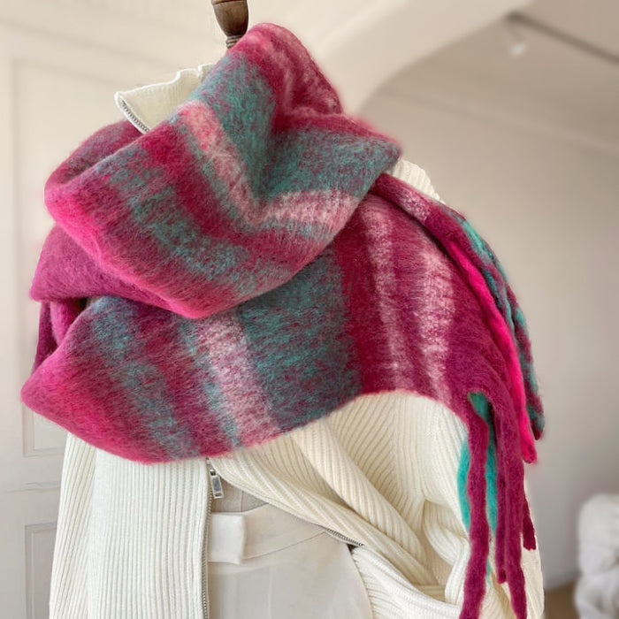 Close-up showing the soft texture of the rose gradient plaid scarf wool shawl in pink, ideal for daily.