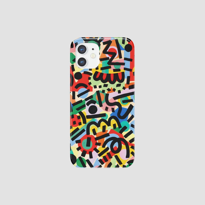 Silicone iPhone case with colorful abstract graffiti line art. Trendy urban street-style design.