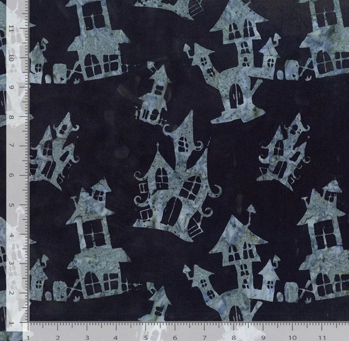 Halloween Batik Gray Haunted Houses on Black Tonga
