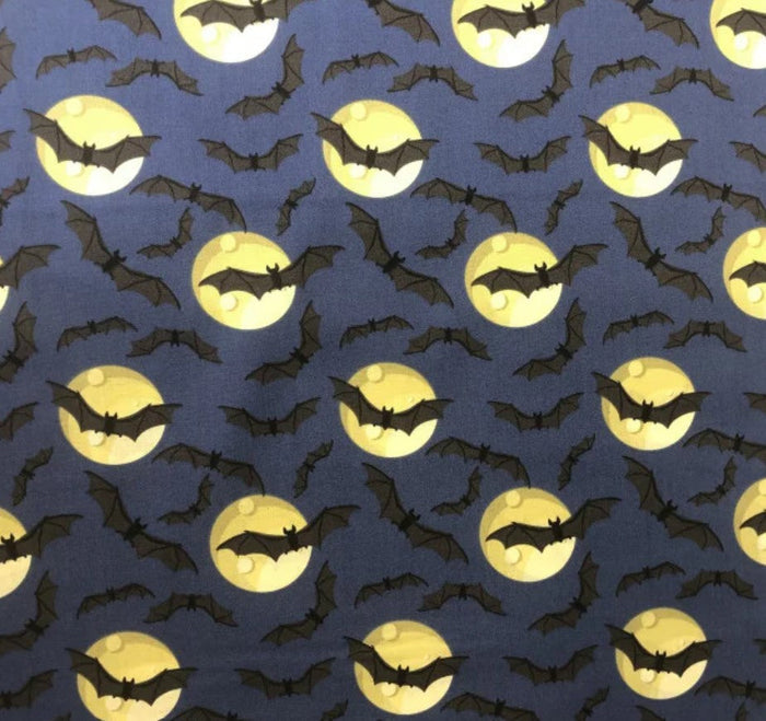 Halloween Bats Full Moon on Blue 100% Cotton Fabric