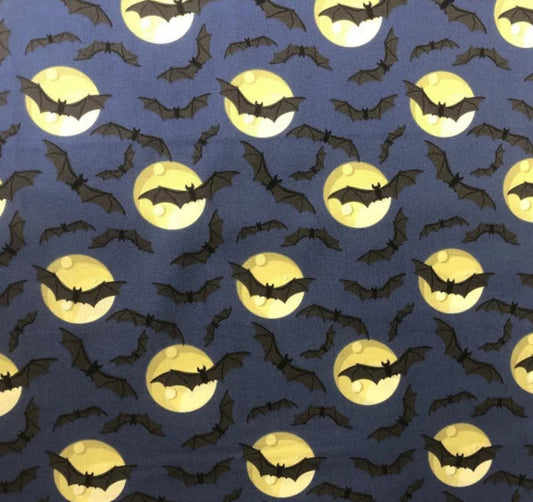 Halloween Bats Full Moon on Blue 100% Cotton Fabric