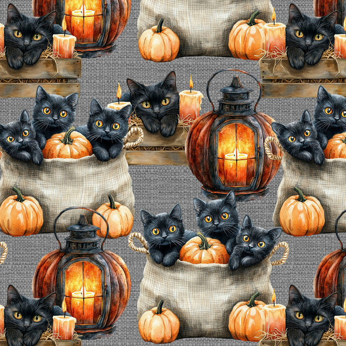 Halloween Black Cats in Burlap Bags on Gray 100% Cotton