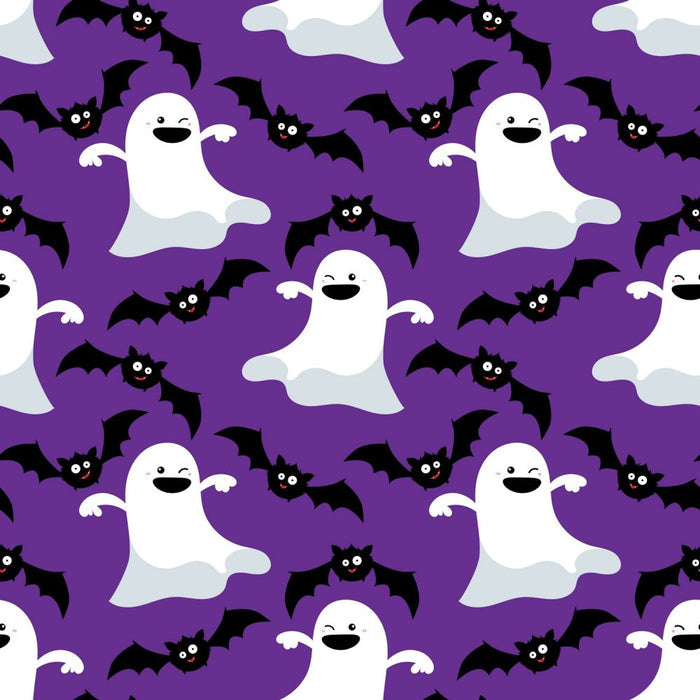 Halloween Dancing Ghosts and Bats on Purple 100% Cotton Fabric