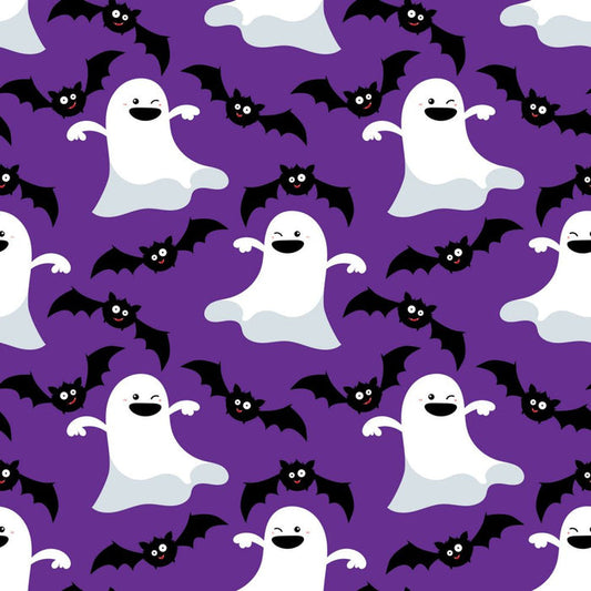 Halloween Dancing Ghosts and Bats on Purple 100% Cotton Fabric